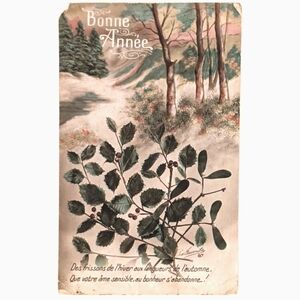 French Bonne Annee Meadow Holly Winter Scene New Year's Postcard 1929